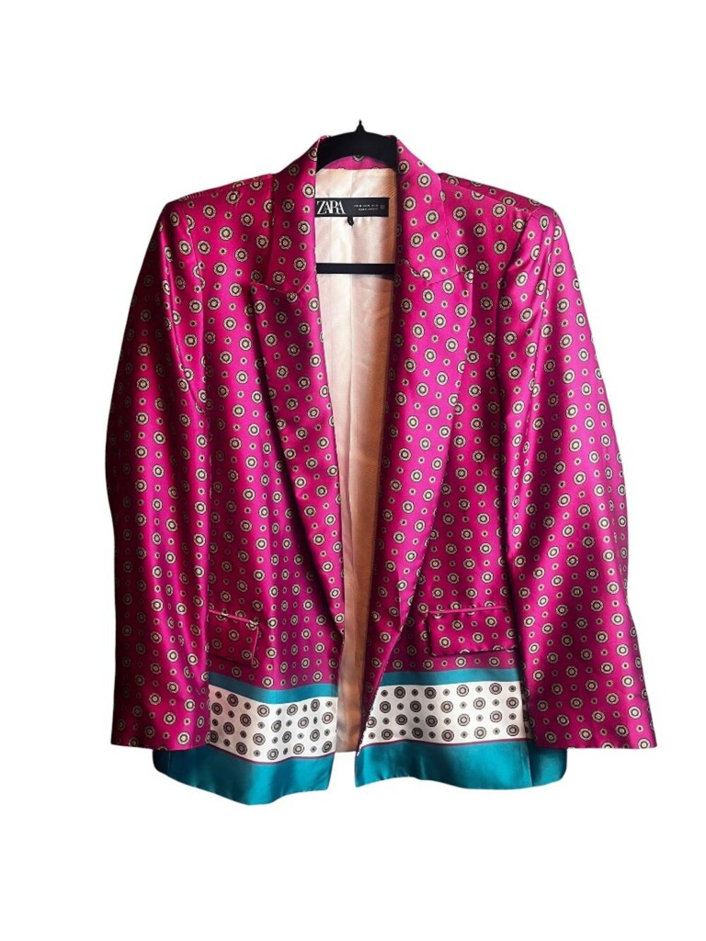 Zara Blazer Jacket Womens Medium Pink Geometric Border Print Lined Notch Lapel
